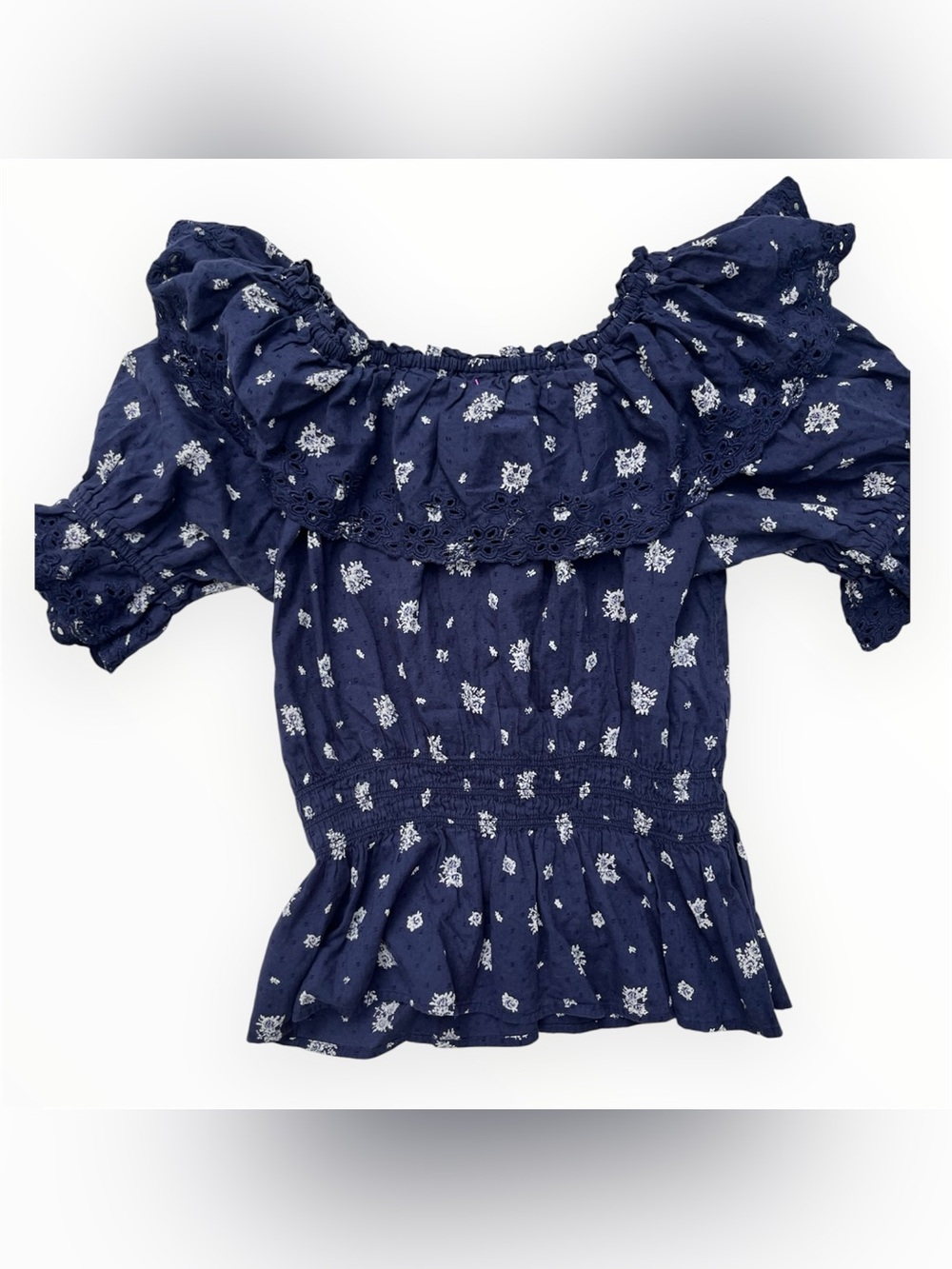 Universal Thread Navy Floral Off Shoulder Peasant Top Small 100% Cotton